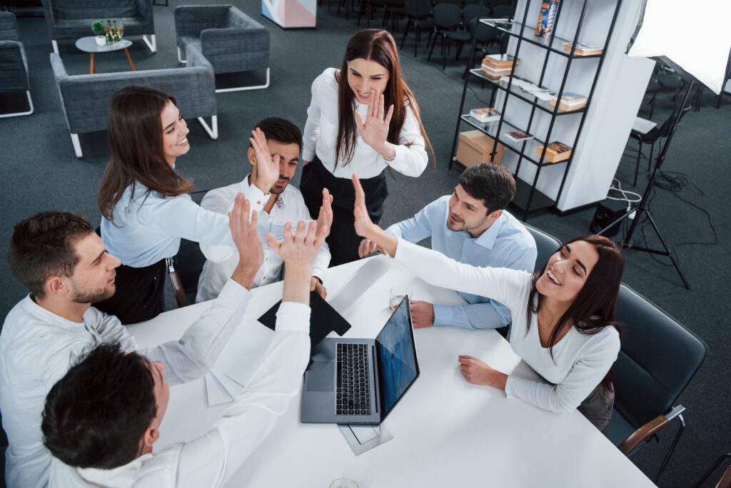 Team discussion in a bright meeting room